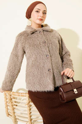 Pazarium - Düğmeli Sakallı Kısa Ceket Vizon