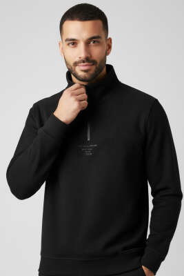 Pazarium - Dik Yaka Fermuarlı Süet Erkek Kazak Siyah