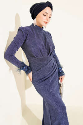 Pazarium - Kol Ucu Tüylü Simli Abiye Elbise Mavi