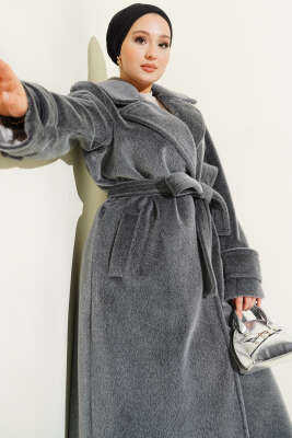 Kol Düğme Detaylı Kruvaze Kaban Füme - Thumbnail