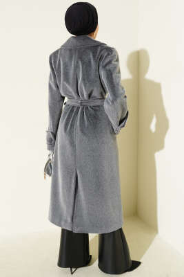 Kol Düğme Detaylı Kruvaze Kaban Füme - Thumbnail