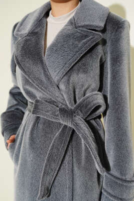 Kol Düğme Detaylı Kruvaze Kaban Füme - Thumbnail