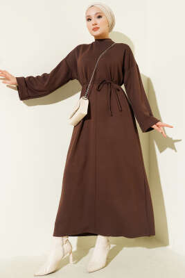Pazarium - Loyşa İp Kuşaklı Duble Kol Elbise Kahve