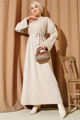 Pazarium - Loyşa İp Kuşaklı Duble Kol Elbise Bej