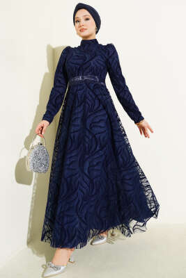 Pazarium - Kendinden Desenli Tül Kuşak Abiye Elbise Lacivert