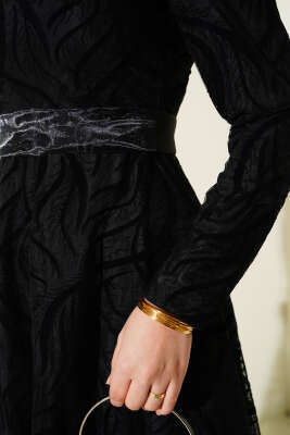 Kendinden Desenli Tül Kuşak Abiye Elbise Siyah - Thumbnail