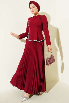 Pazarium - Taş Detaylı Pileli Etekli İkili Takım Bordo
