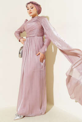 Pazarium - Omuz Pelerinli Taşlı Abiye Elbise Pudra