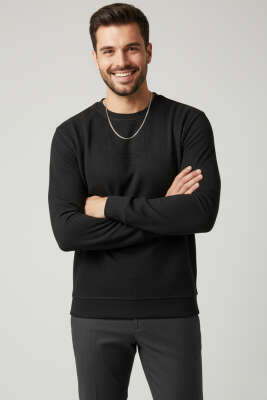 Pazarium - Bisiklet Yaka Süet Erkek Sweatshirt Siyah