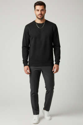 Bisiklet Yaka Süet Erkek Sweatshirt Siyah - Thumbnail