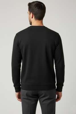 Bisiklet Yaka Süet Erkek Sweatshirt Siyah - Thumbnail