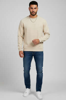 Pazarium - Bisiklet Yaka Süet Erkek Sweatshirt Taş