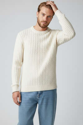 Pazarium - Bisiklet Yaka Örme Triko Erkek Kazak Ekru