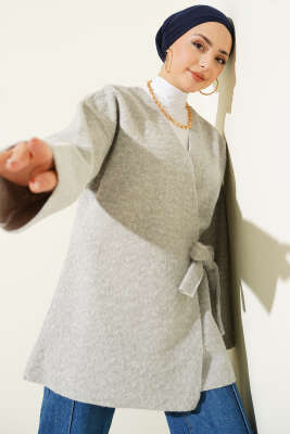 Pazarium - Yandan Bağlamalı Keçe Kimono Gri