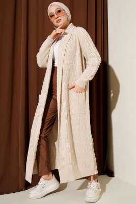 Pazarium - Şal Yaka Örgü Kabartmalı Triko Hırka Bej