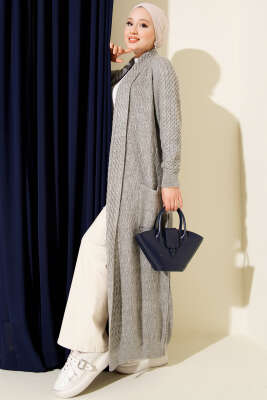 Pazarium - Şal Yaka Örgü Kabartmalı Triko Hırka Gri