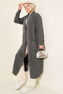 Pazarium - Şal Yaka Örgü Kabartmalı Triko Hırka Füme