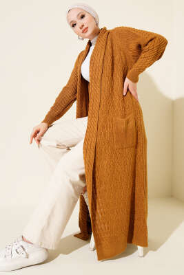 Pazarium - Şal Yaka Örgü Kabartmalı Triko Hırka Hardal