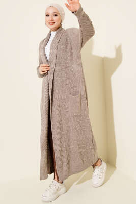 Pazarium - Şal Yaka Örgü Kabartmalı Triko Hırka Taş