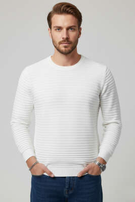 Pazarium - Yatay Çizgili Erkek Triko Kazak Ekru