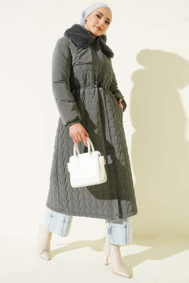 Pazarium - Yaka Kürklü Bel Tünelli Kapitone Uzun Mont Gri