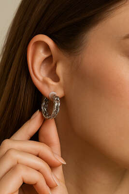 Pazarium - Hasır Dokulu Kalın Halka Küpe Gümüş