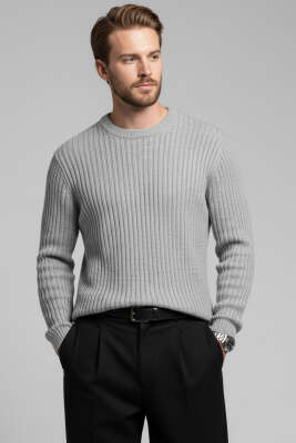 Pazarium - Dikey Çizgi Fitilli Erkek Triko Kazak Gri