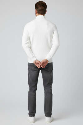 Tam Balıkçı Yaka Triko Erkek Kazak Ekru - Thumbnail