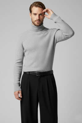 Pazarium - Tam Balıkçı Yaka Triko Erkek Kazak Gri