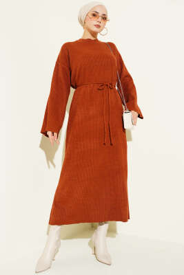 Pazarium - Bel Bağcıklı Bisiklet Yaka Triko Elbise Kiremit