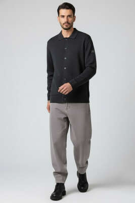 Polo Yaka Düğmeli Triko Erkek Hırka Antrasit - Thumbnail