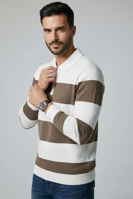 Pazarium - Yaka Fermuarlı Erkek Triko Kazak Vizon