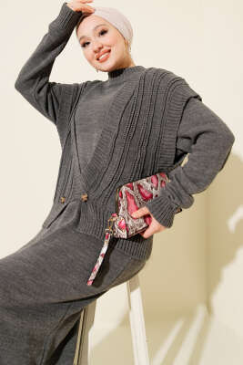 Pazarium - Yelekli Elbiseli Triko İkili Takım Füme