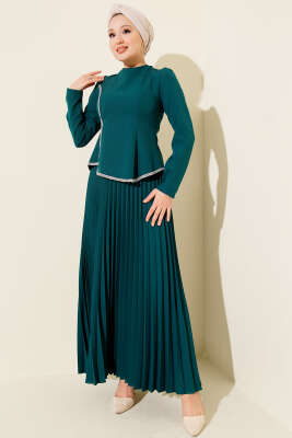 Pazarium - Taş Detaylı Pileli Etekli İkili Takım Zümrüt Yeşili