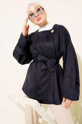 Pazarium - Gold Düğmeli Kuşaklı Süet Ceket Lacivert