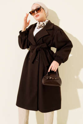 Balon Kol Düğmeli Kaşe Kaban Acı Kahve - Thumbnail