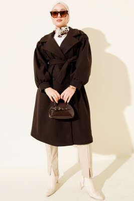 Balon Kol Düğmeli Kaşe Kaban Acı Kahve - Thumbnail