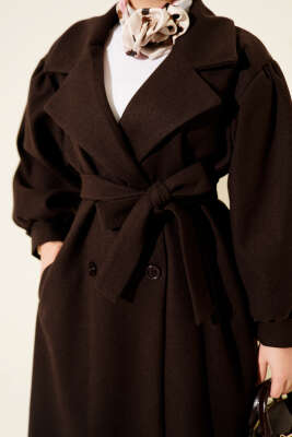 Balon Kol Düğmeli Kaşe Kaban Acı Kahve - Thumbnail