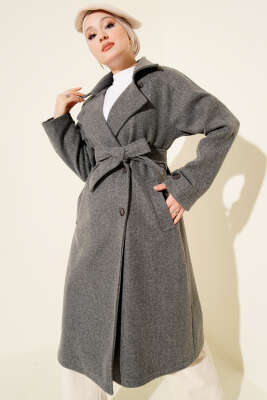 Pazarium - Tahta Düğmeli Kruvaze Yaka Kaşe Kaban Füme