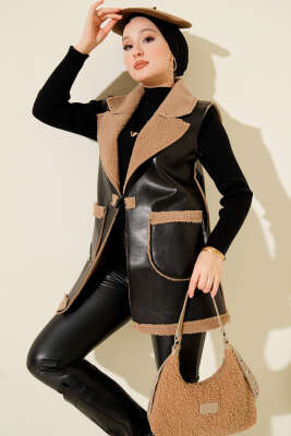 Pazarium - Çift Cepli Kürklü Deri Yelek Siyah Bej