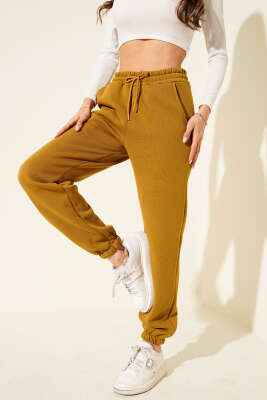 Pazarium - Lastikli Üç İplik Jogger Pantolon Yağ Yeşili