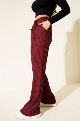 Pazarium - Beli Lastikli Bürümcük Pantolon Bordo