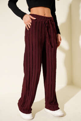 Pazarium - Şerit Fırfırlı Beli Lastikli Pantolon Bordo