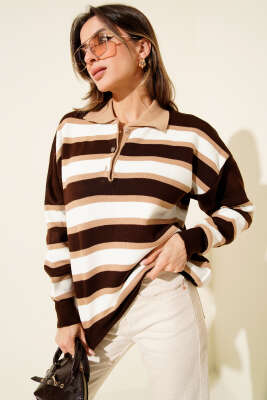 Pazarium - Yatay Çizgili Gömlek Yaka Triko Kazak Kahve