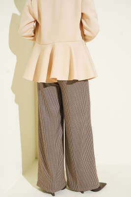 Kazayağı Desen Geniş Paça Pantolon Bej - Thumbnail