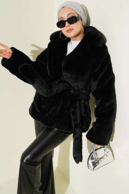 Pazarium - Kuşaklı Kruvaze Yaka Kürk Mont Siyah
