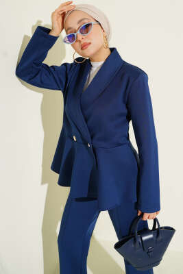 Pazarium - Şal Yaka Düğmeli Scuba İkili Takım Lacivert