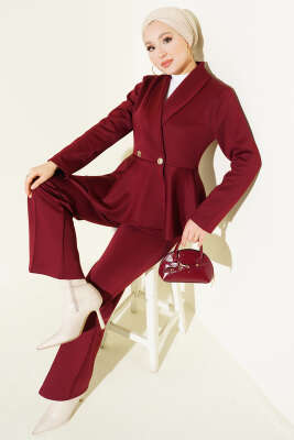 Pazarium - Şal Yaka Düğmeli Scuba İkili Takım Bordo