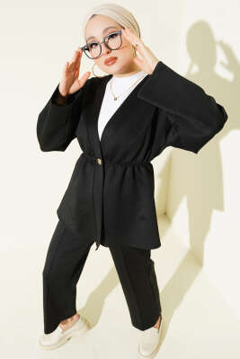 Pazarium - Bel Lastikli Düğme Detaylı İkili Takım Siyah