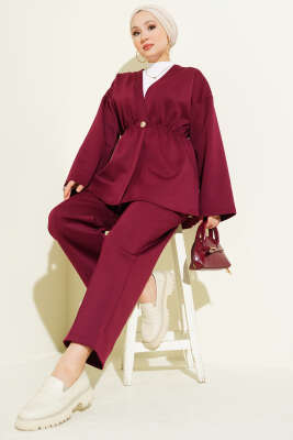 Pazarium - Bel Lastikli Düğme Detaylı İkili Takım Bordo